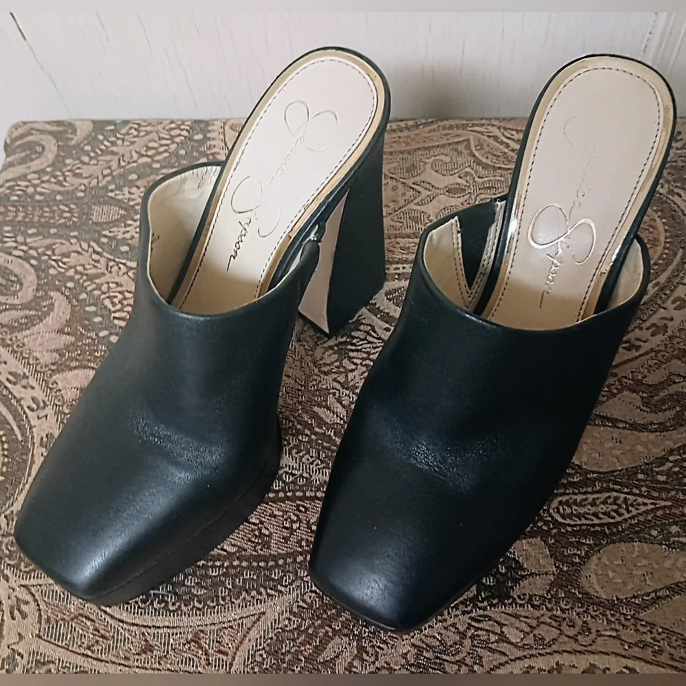 Jessica Simpson Denima Black Leather Platform Slip-On Mules Women's Size 7M - Picture 4 of 12